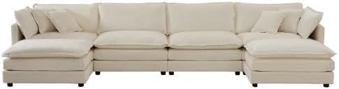 Aoowow Modular Sectional Sofa Modern Convertible U Shaped Couch,147.2 Inch Deep 4-Seater Sofas Set Comfy Chenille Cloud Sofas and Couches with Movable Ottoman for Living Room Apartment（Light Coffee）