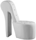 First of a Kind 19" Modern Shoe Chair - Crystal Studded Faux Leather High Heel Chair with Medium Firm Comfort - Luxurious Decor Addition for Bedroom, Living Room & Studio, (White)