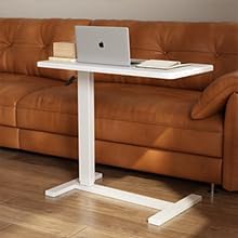 Overbed Bedside Table with Wheels Adjustable Hospital & Home Use Bed Table Rolling Movable Laptop Mobile Standing Desk Pneumatic Computer Cart Waterproof L-Shaped Steel Base Tray Tables,White