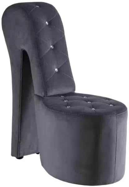 First of a Kind 19" Modern Shoe Chair - Crystal Studded Velvet High Heel Chair with Medium Firm Comfort - Luxurious Decor Addition for Bedroom, Living Room & Studio, (Grey)