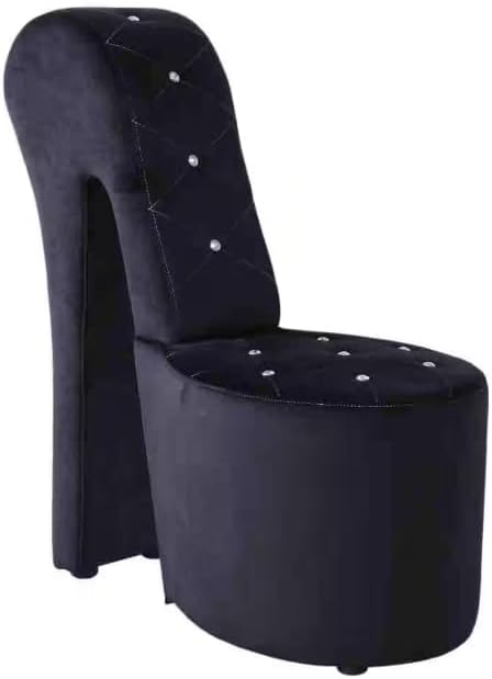First of a Kind 19" Modern Shoe Chair - Crystal Studded Velvet High Heel Chair with Medium Firm Comfort - Luxurious Decor Addition for Bedroom, Living Room & Studio, (Black)