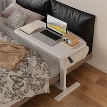 Overbed Bedside Table with Wheels Adjustable Hospital & Home Use Bed Table Rolling Movable Laptop Mobile Standing Desk Pneumatic Computer Cart Waterproof L-Shaped Steel Base Tray Tables,White