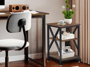 End Tables Living Room Set of 2 Farmhouse, Side Table with Storage Shelf, 16" W x 12" D x 24" H, X-Shaped Night Stands for Bedrooms, Espresso Side Table, End Tables Wood and Metal