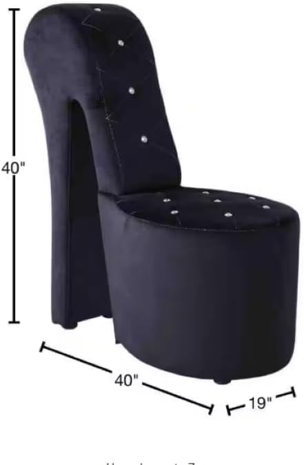 First of a Kind 19" Modern Shoe Chair - Crystal Studded Velvet High Heel Chair with Medium Firm Comfort - Luxurious Decor Addition for Bedroom, Living Room & Studio, (Black)
