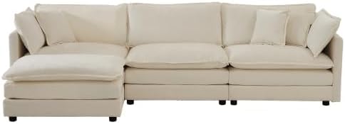 Aoowow Modular Sectional Sofa Modern Convertible L Shaped Couch,112.2 Inch Deep 3-Seater Sofas Set Comfy Chenille Cloud Sofas and Couches with Movable Ottoman for Living Room Apartment（Light Coffee）