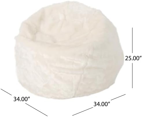 3 Foot Faux Fur Bean Bag Chair, Large White Bean Bag for Adults & Kids, 300 lb Capacity Plush Lounger for Living Room, Bedroom, Game Room, Removable Cover