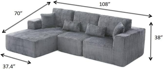 108" Boneless Cloud Sectional Couches for Living Room, Comfy Fluffy L Shaped Memory Foam Deep Seat Boneless Couch, Modular Sectional Sofa with Left Facing Chaise, Dark Grey