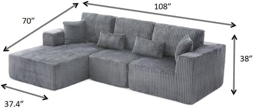 108" Boneless Cloud Sectional Couches for Living Room, Comfy Fluffy L Shaped Memory Foam Deep Seat Boneless Couch, Modular Sectional Sofa with Left Facing Chaise, Dark Grey