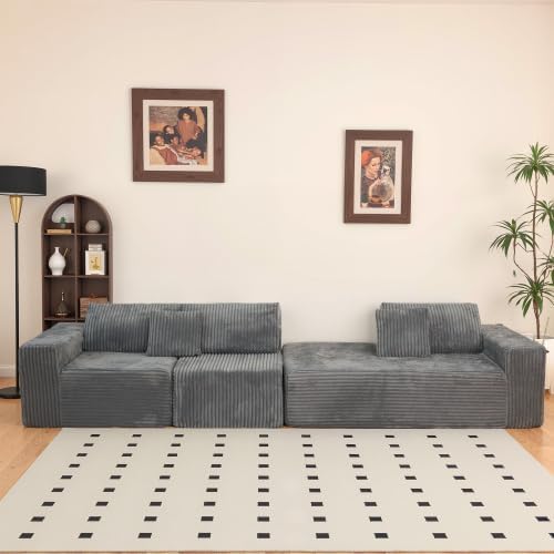 112.99" Boneless Cloud Couch, L Shaped Sectional Sofa with Chaise, No Assembly Required, Sink-in Corduroy Fabric & Memory Foam, Plush Modular Sofa for Apartment, Lounge, Dorm (Grey)