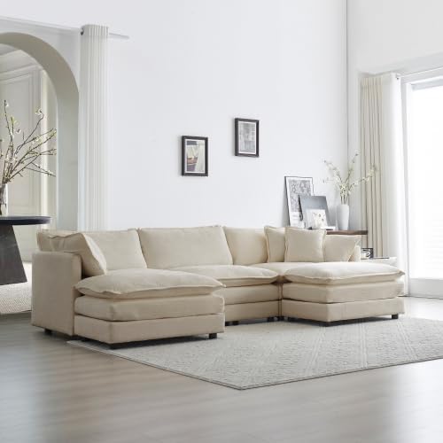Aoowow Modular Sectional Sofa Modern Convertible U Shaped Couch,112.2 Inch Deep 3-Seater Sofas Set Comfy Chenille Cloud Sofas and Couches with Movable Ottoman for Living Room Apartment（Light Coffee）