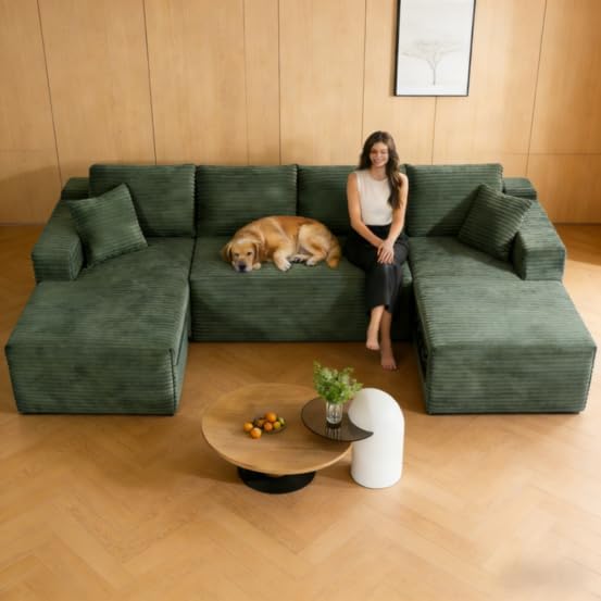 134" Modular Cloud Sectional Sleeper Sofa Couch for Living Room, U Shaped 6 Seat Sofa with 2 Storage Pockets, 2 Pillows & 2 Cup Holders, No Assembly Required (Green)