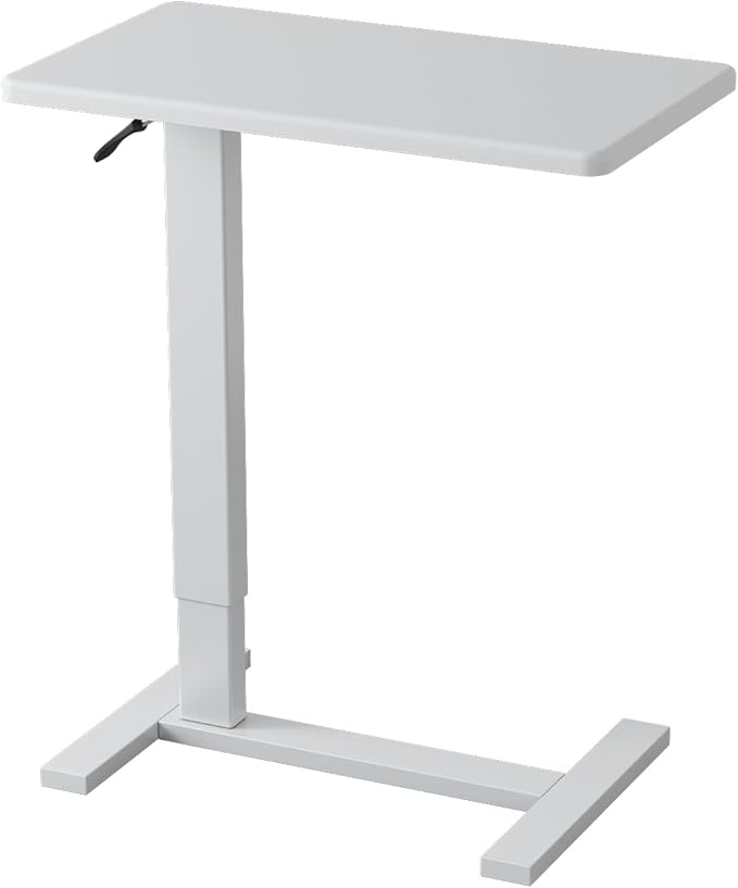 Overbed Bedside Table with Wheels Adjustable Hospital & Home Use Bed Table Rolling Movable Laptop Mobile Standing Desk Pneumatic Computer Cart Waterproof L-Shaped Steel Base Tray Tables,White