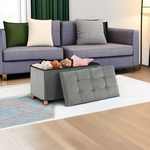 30 Inches Folding Storage Ottoman Bench, Velvet Storage Chest, Footrest Couch with Wooden Legs, Support 350lbs for Bedroom, Living Room, Hallway, Grey