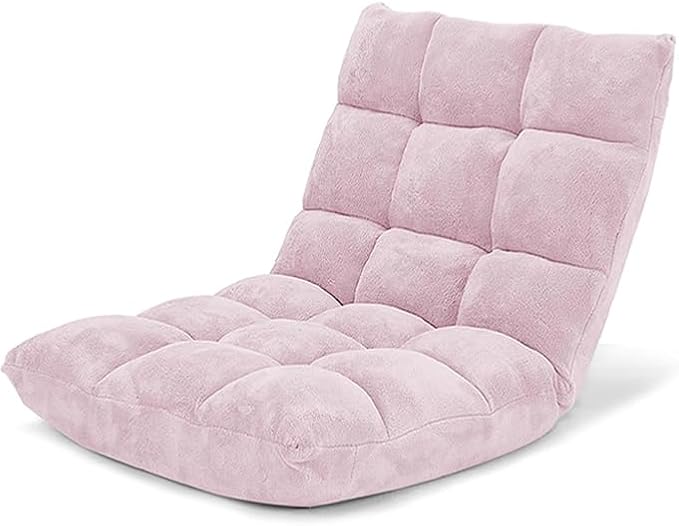 KOMFOTT 14-Position Adjustable Floor Chair with Back Support - Folding Padded Gaming Sofa Chair for Reading, Meditation, Living Room Lazy Lounge, Video Gaming - Light Pink