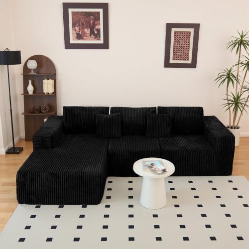 112.99" Boneless Cloud Couch, L Shaped Sectional Sofa with Chaise, No Assembly Required, Sink-in Corduroy Fabric & Memory Foam, Plush Modular Sofa for Apartment, Lounge, Dorm (Black)