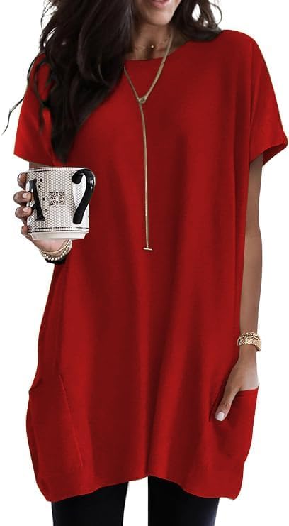 Poetsky Summer Womens Tunic Tops for Leggings with Pockets Short Sleeve Casual Long T Shirts S-3XL