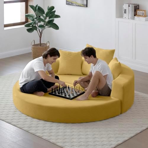 67" Round Convertible Folding Sofa Bed, Boneless Couch Loveseat, Floor Sleeper Chaise Lounge for Living Room, Apartment, Dorm, Small Spaces, Yellow