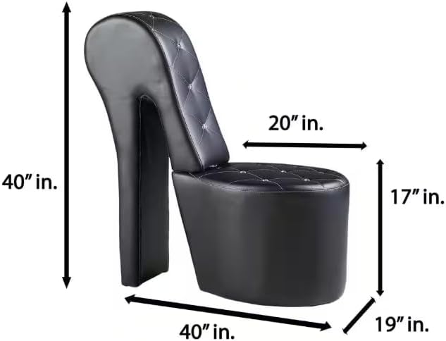 First of a Kind 19" Modern Shoe Chair - Crystal Studded Faux Leather High Heel Chair with Medium Firm Comfort - Luxurious Decor Addition for Bedroom, Living Room & Studio, (Black)