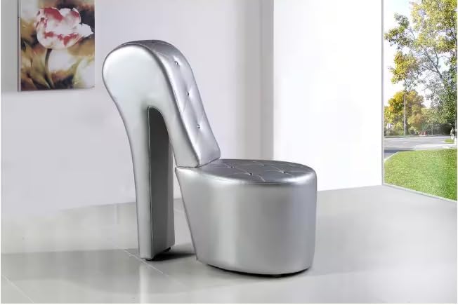 First of a Kind 19" Modern Shoe Chair - Crystal Studded Faux Leather High Heel Chair with Medium Firm Comfort - Luxurious Decor Addition for Bedroom, Living Room & Studio, (Silver)