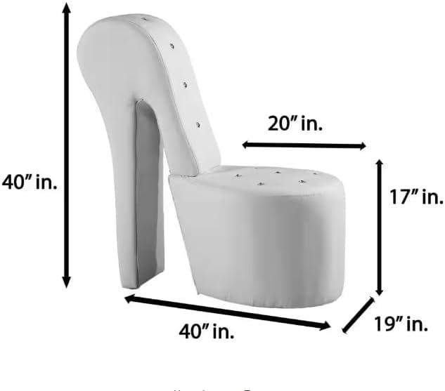 First of a Kind 19" Modern Shoe Chair - Crystal Studded Faux Leather High Heel Chair with Medium Firm Comfort - Luxurious Decor Addition for Bedroom, Living Room & Studio, (White)
