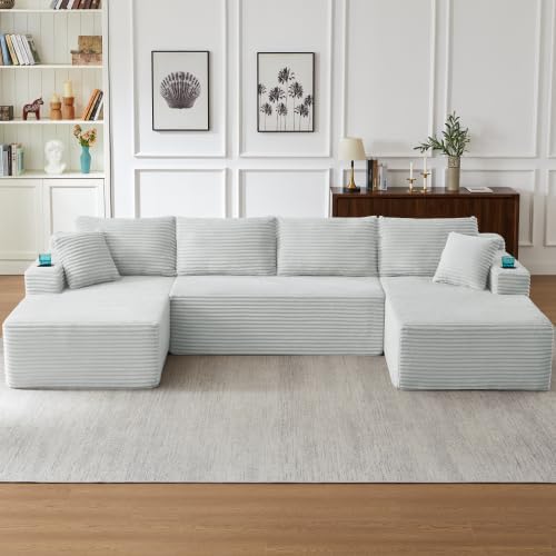 134" Modular Cloud Sectional Sleeper Sofa Couch for Living Room, U Shaped 6 Seat Sofa with 2 Storage Pockets, 2 Pillows & 2 Cup Holders, No Assembly Required (Light Gray)