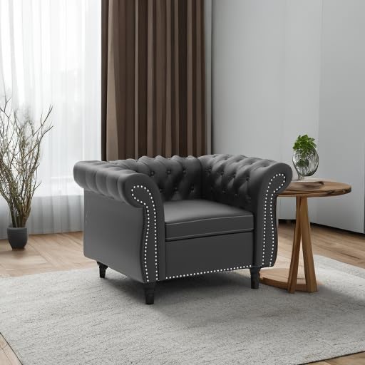 QHITTY Accent Chair, Chesterfield Chair Modern Leather Upholstered Chair with Tufted Back for Living Room Furniture (Black)