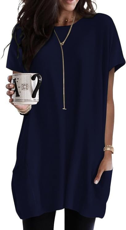Poetsky Summer Womens Tunic Tops for Leggings with Pockets Short Sleeve Casual Long T Shirts S-3XL
