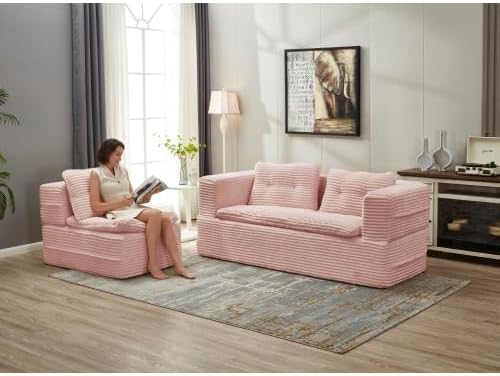 80" Foldable Floor Couch, 3-Seat Convertible Sleeper Sofa with Chaise Lounge, Blanket and 3 Soft Pillows, Corduroy Fabric, for Living Room, Bedroom, Apartment, No Assembly Required, Pink