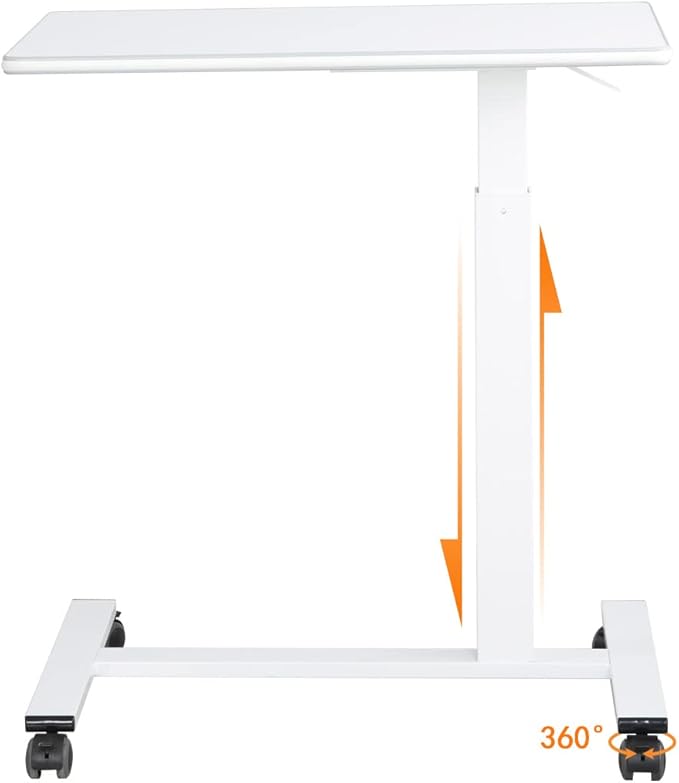 TigerDad Pneumatic Adjustable Overbed Table with Gas Spring Riser | Medical Adjustable Bed Side Table with Wheels | Portable Standing Desk for Laptop Computer with Large Work Space 30.7"x 17"