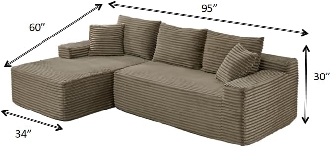 HYJT-H&K Modular Sectional Sofa Cloud Sectional Couch, 95" Comfy Fluffy L Shaped Brown Couches for Living Room, Deep Seat Memory Foam Plush Corduroy Boneless Couch Sectionals Left Facing Chaise Sofa