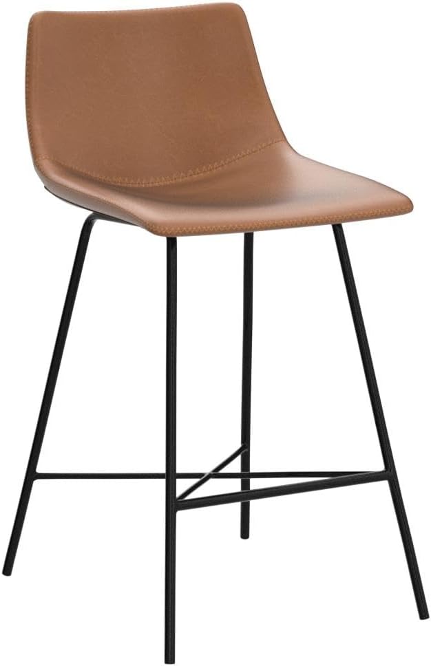 POLY & BARK Paxton Leather Counter Stools 24 Inches – Set of 2 - Counter Height Bar Stools with Back – Modern Barstools for Kitchen Island or Counters – Faux Leather & Matte Black Steel Base – Tan