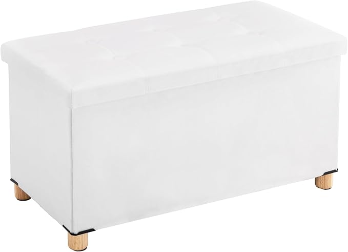 30 Inches Folding Storage Ottoman Bench, Velvet Storage Chest, Footrest Couch with Wooden Legs, Support 350lbs for Bedroom, Living Room, Hallway, White