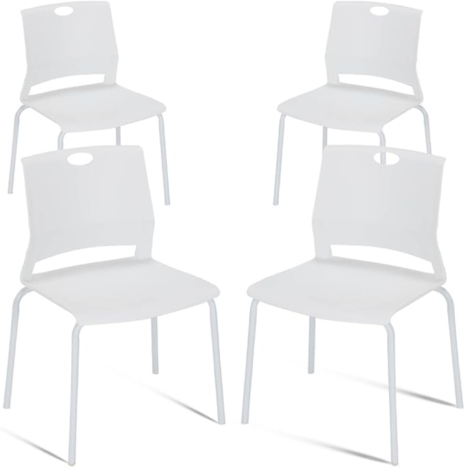 White Stackable Chairs Set of 4, Modern Office Guest Chair Wide Seat, Stackable Dining Chairs, Plastic Chair for Conference Room, Living Room, Waiting Area, Classroom.