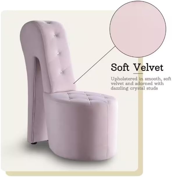 First of a Kind 19" Modern Shoe Chair - Crystal Studded Velvet High Heel Chair with Medium Firm Comfort - Luxurious Decor Addition for Bedroom, Living Room & Studio, (Pink)