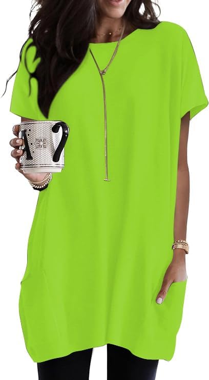 Poetsky Summer Womens Tunic Tops for Leggings with Pockets Short Sleeve Casual Long T Shirts S-3XL