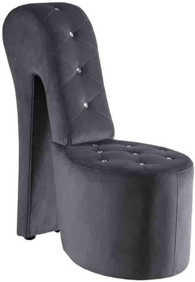 First of a Kind 19" Modern Shoe Chair - Crystal Studded Velvet High Heel Chair with Medium Firm Comfort - Luxurious Decor Addition for Bedroom, Living Room & Studio, (Grey)