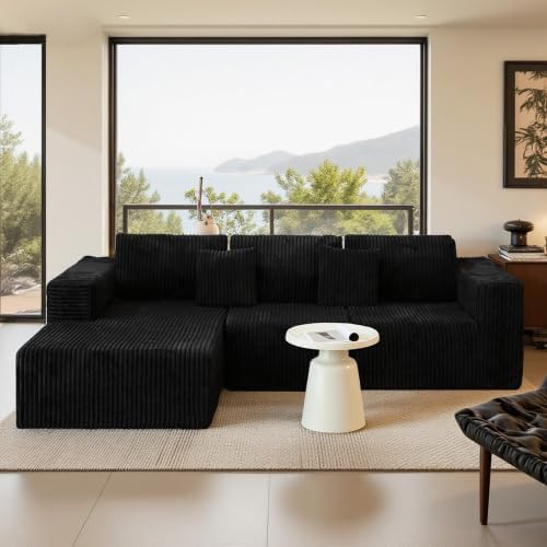 112.99" Boneless Cloud Couch, L Shaped Sectional Sofa with Chaise, No Assembly Required, Sink-in Corduroy Fabric & Memory Foam, Plush Modular Sofa for Apartment, Lounge, Dorm (Black)
