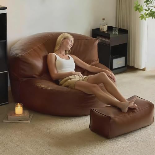 Bean Bag Chairs for Adults, Faux Leather Bean Bag Sofa, Ergonomic Support & Easy Clean with Wet Wipes, DIY Filling for Living Room, Bedroom, Garden Floor Seating (F)
