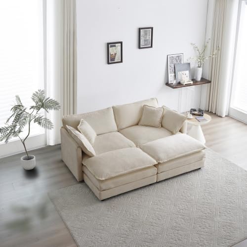 Aoowow Modular Sectional Sofa Modern Convertible Loveseat Couch,77.16 Inch Deep 2-Seater Sofas Comfy Chenille Cloud Sofas and Couches Set with 2 Movable Ottoman for Living Room Apartment（Light Coffee）