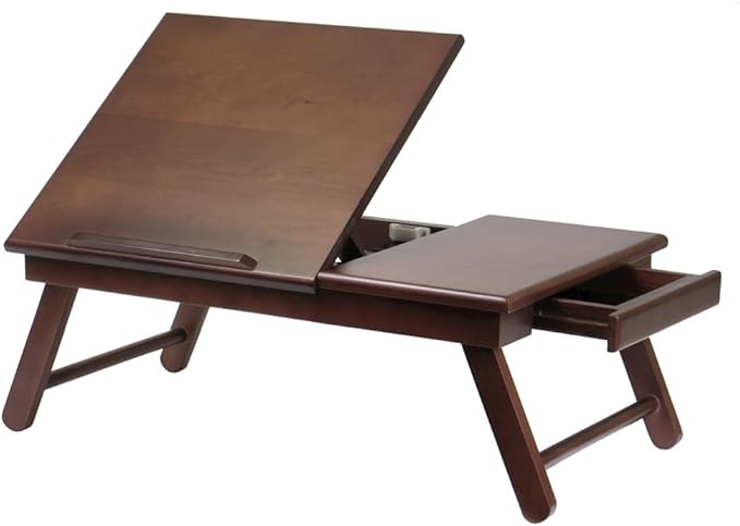 Flip Top Lap Desk with Drawer, Foldable Legs, Tilting Surface for Reading, Solid Wood, Brown, Portable