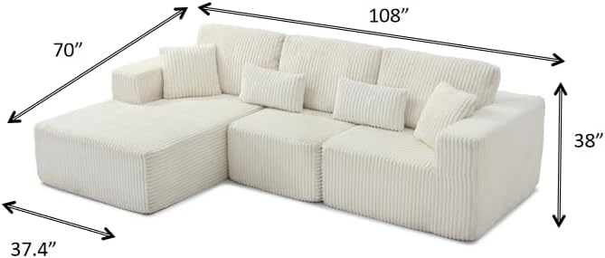 108" Boneless Cloud Sectional Couches for Living Room, Comfy Fluffy L Shaped Memory Foam Deep Seat Boneless Couch, Modular Sectional Sofa with Left Facing Chaise, Beige