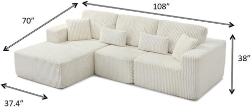 108" Boneless Cloud Sectional Couches for Living Room, Comfy Fluffy L Shaped Memory Foam Deep Seat Boneless Couch, Modular Sectional Sofa with Left Facing Chaise, Beige