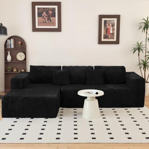 112.99" Boneless Cloud Couch, L Shaped Sectional Sofa with Chaise, No Assembly Required, Sink-in Corduroy Fabric & Memory Foam, Plush Modular Sofa for Apartment, Lounge, Dorm (Black)