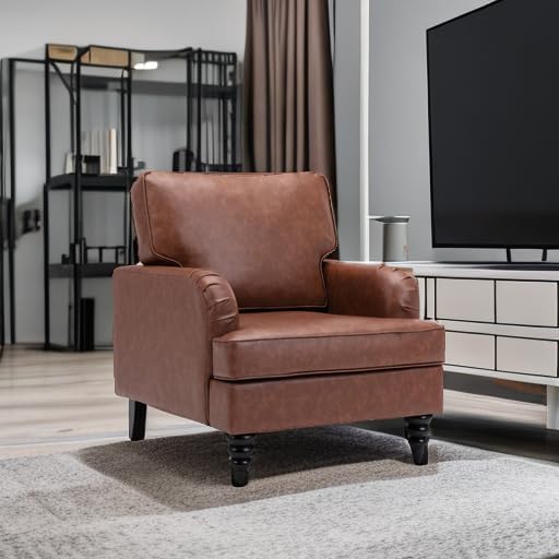chairus Mid Century Modern Faux Leather Accent Chair, Vintage Club Armchair with Firm Supportive Seat & Soft Backrest, Comfy Single Sofa Reading Chair for Living Room Bedroom Apartment, Brown PU