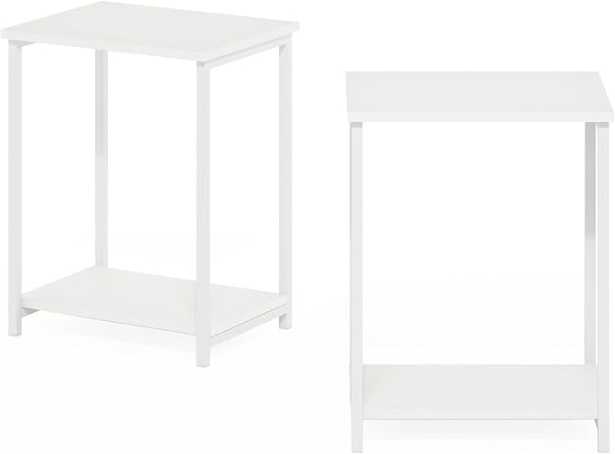 Furinno Simplistic Side Table Set of 2, 2-Tier Metal Frame Modern End Table with Open Shelf, Night Stand, Bedside Table, for Living Room, Bedroom, White