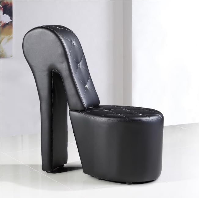 First of a Kind 19" Modern Shoe Chair - Crystal Studded Faux Leather High Heel Chair with Medium Firm Comfort - Luxurious Decor Addition for Bedroom, Living Room & Studio, (Black)