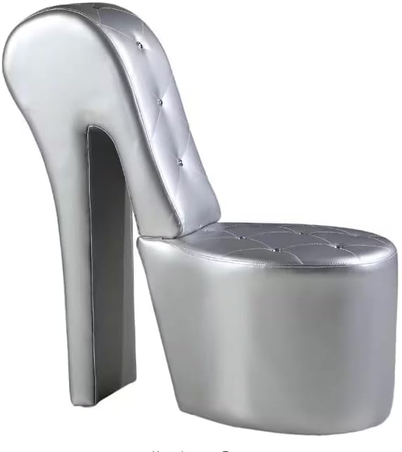 First of a Kind 19" Modern Shoe Chair - Crystal Studded Faux Leather High Heel Chair with Medium Firm Comfort - Luxurious Decor Addition for Bedroom, Living Room & Studio, (Silver)