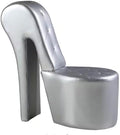 First of a Kind 19" Modern Shoe Chair - Crystal Studded Faux Leather High Heel Chair with Medium Firm Comfort - Luxurious Decor Addition for Bedroom, Living Room & Studio, (Silver)