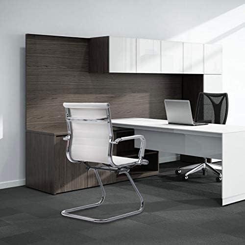 DM Furniture White Office Desk Chair No Wheels Set of 8 PU Leather Computer Chairs Mid Back Guest Chairs for School Reception Conference Waiting Room, White