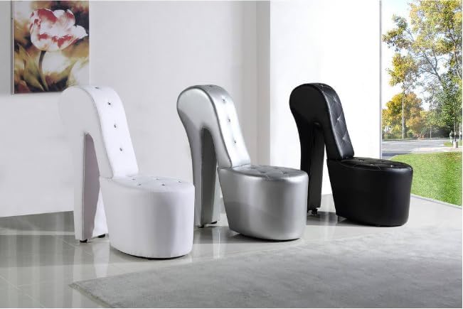 First of a Kind 19" Modern Shoe Chair - Crystal Studded Faux Leather High Heel Chair with Medium Firm Comfort - Luxurious Decor Addition for Bedroom, Living Room & Studio, (Black)